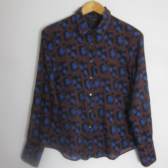 J. Crew Perfect Shirt Womens 10 Blue Brown Animal Print LS Silk Cotton Blouse - Picture 4 of 9